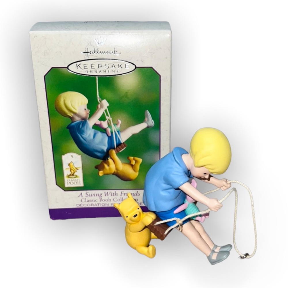 classic pooh & christopher robin & piglet on a swing christmas ornament